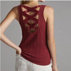 Anthropologie Wide Ribbed Cross Back Sleeveless Tank Top Wine Red S